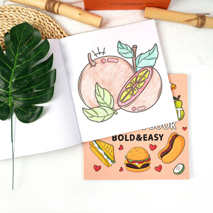 Food & Fruit Coloring Book 40 Pages Bold Lines Easy for Kids Ages 4+ Cartoon Design for Creative Play