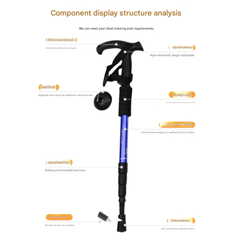 Blue Professional Outdoor Trekking Pole – Lightweight Aluminum Alloy Adjustable Walking Stick with Shock Absorption System for Hiking, Climbing, and Kids | 4-Section Collapsible Design with Ergonomic Curved Handle - Mekamart Australia