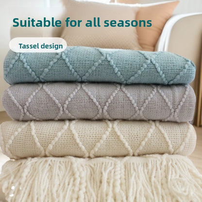 Beige Nordic Knitted Throw Blanket with Tassels 130x230cm Soft Acrylic Diamond Pattern Sofa Cover Bed Runner and Travel Blanket