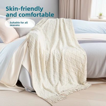 Khaki Nordic Knitted Throw Blanket with Tassels 130x230cm Soft Acrylic Diamond Pattern Sofa Cover Bed Runner and Travel Blanket