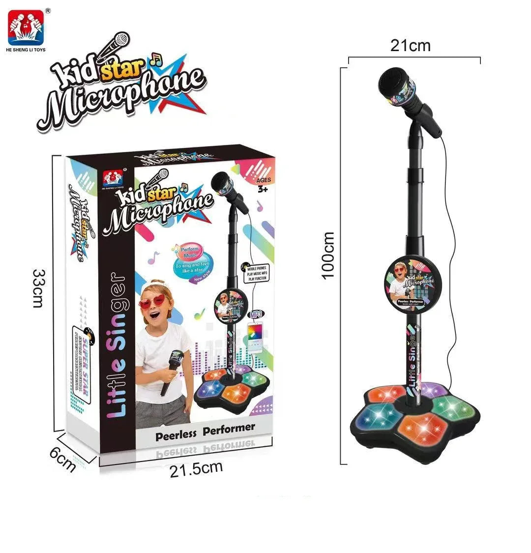 Black Kids Star Karaoke Microphone Stand Adjustable Height Music Toy with Flashing Lights and MP3 Connectivity for Boys and Girls - Mekamart Australia
