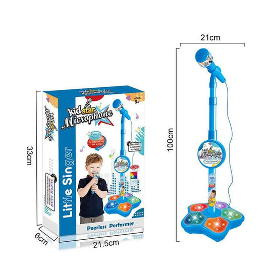 Blue Kids Star Karaoke Microphone Stand Adjustable Height Music Toy with Flashing Lights and MP3 Connectivity for Boys and Girls - Mekamart Australia