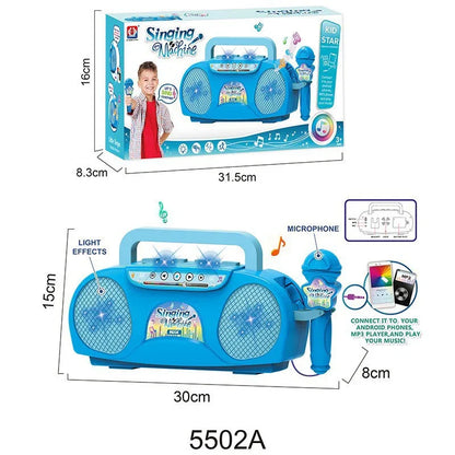 Blue Kids Portable Singing Machine Karaoke Boombox Toy with Microphone Flashing Lights and MP3 Music Player for Boys and Girls - Mekamart Australia