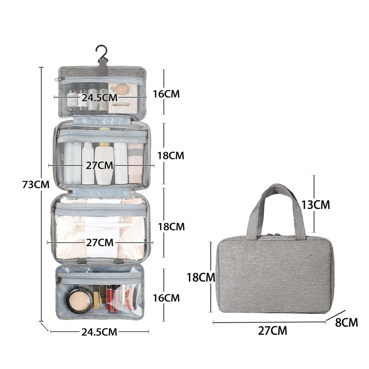 Gray Waterproof 4-Fold Hanging Toiletry Bag with Wet/Dry Separation for Australian Travel & Cosmetics - Mekamart Australia