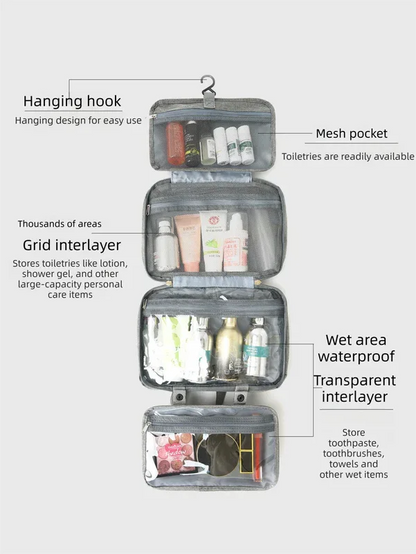 Gray Waterproof 4-Fold Hanging Toiletry Bag with Wet/Dry Separation for Australian Travel & Cosmetics - Mekamart Australia