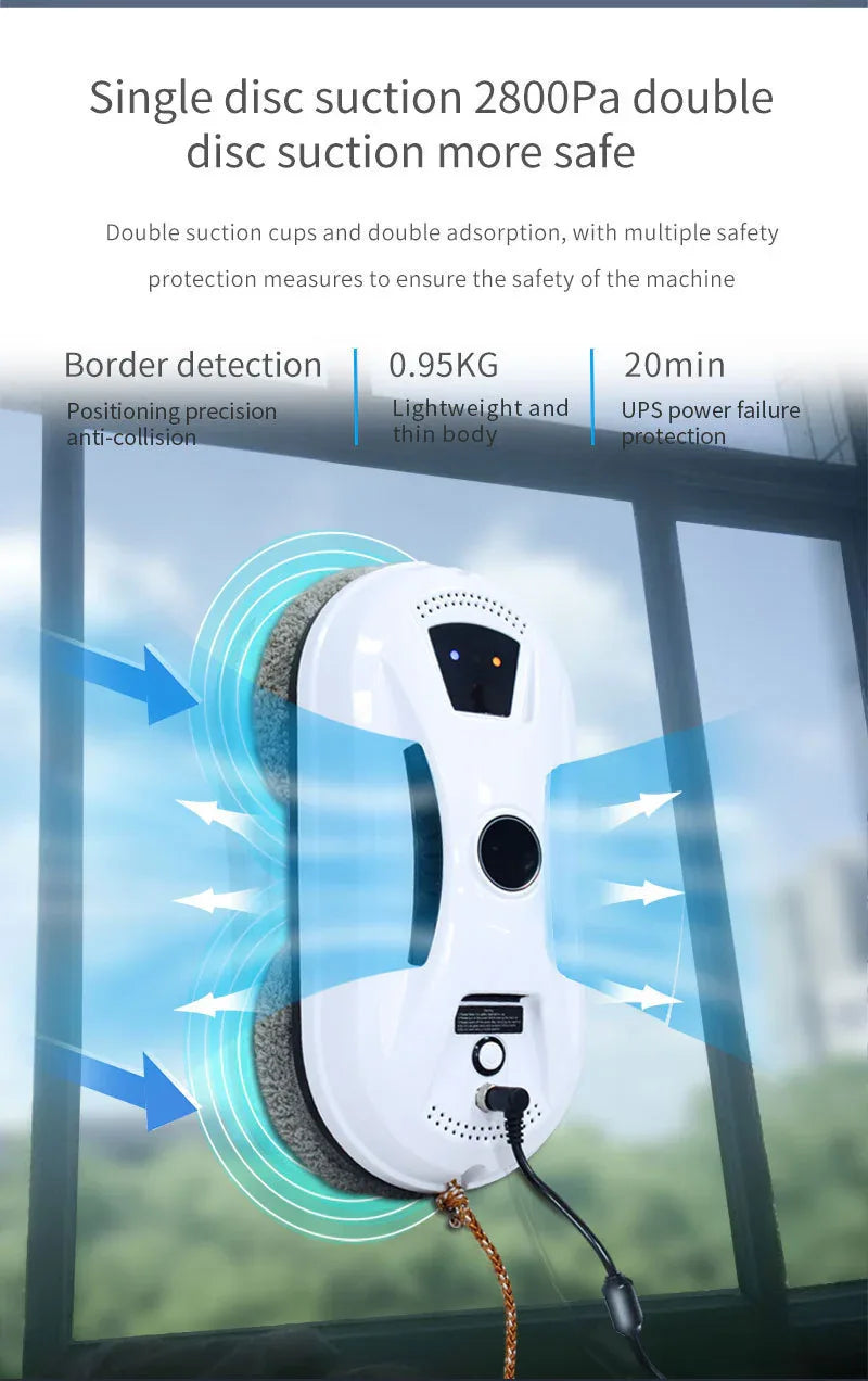 Smart Robot Window Cleaner - Automatic Glass Cleaning Washer with Remote Control - 2800Pa Suction & UPS Safety System - Includes 10 Microfibre Pads - Mekamart Australia