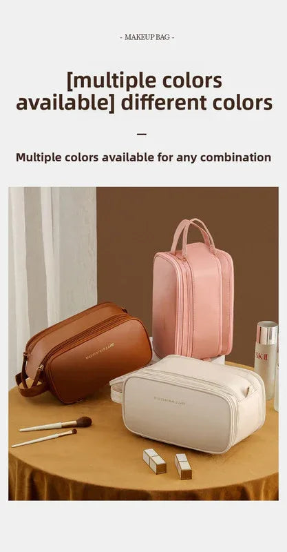 Black Large Capacity PU Leather Makeup Bag Dual Zipper Cosmetic Case Waterproof Travel Toiletry Organiser with Brush Compartment - Mekamart Australia