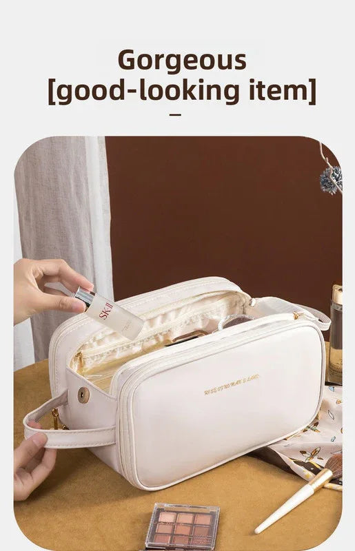 White Large Capacity PU Leather Makeup Bag Dual Zipper Cosmetic Case Waterproof Travel Toiletry Organiser with Brush Compartment - Mekamart Australia