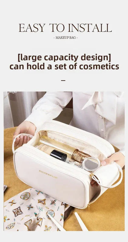 White Large Capacity PU Leather Makeup Bag Dual Zipper Cosmetic Case Waterproof Travel Toiletry Organiser with Brush Compartment - Mekamart Australia
