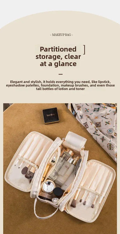 White Large Capacity PU Leather Makeup Bag Dual Zipper Cosmetic Case Waterproof Travel Toiletry Organiser with Brush Compartment - Mekamart Australia