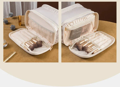 Brown Large Capacity PU Leather Makeup Bag Dual Zipper Cosmetic Case Waterproof Travel Toiletry Organiser with Brush Compartment - Mekamart Australia