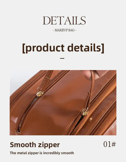 Brown Large Capacity PU Leather Makeup Bag Dual Zipper Cosmetic Case Waterproof Travel Toiletry Organiser with Brush Compartment - Mekamart Australia