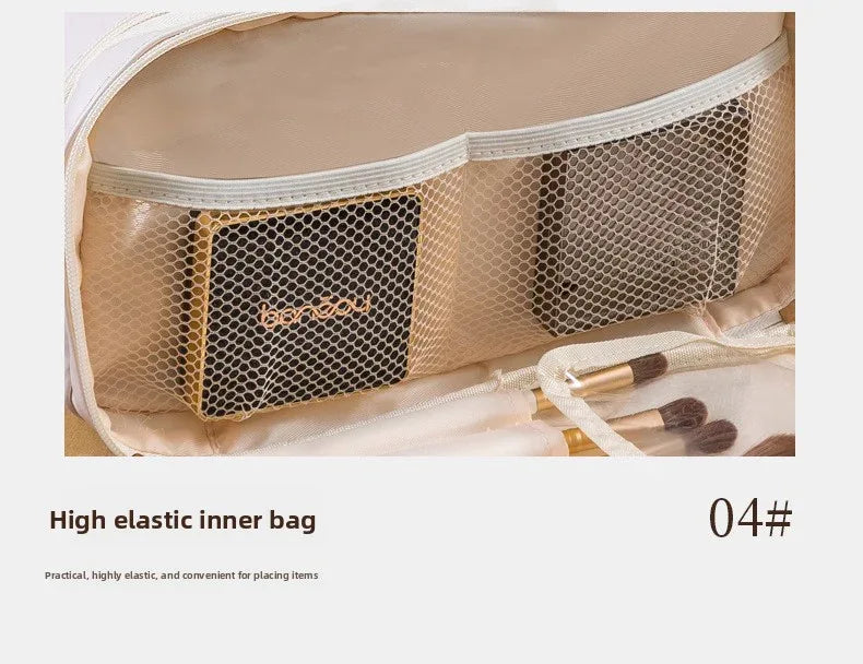 Brown Large Capacity PU Leather Makeup Bag Dual Zipper Cosmetic Case Waterproof Travel Toiletry Organiser with Brush Compartment - Mekamart Australia