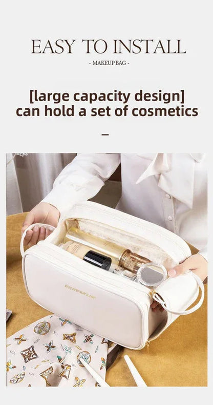 Brown Large Capacity PU Leather Makeup Bag Dual Zipper Cosmetic Case Waterproof Travel Toiletry Organiser with Brush Compartment - Mekamart Australia