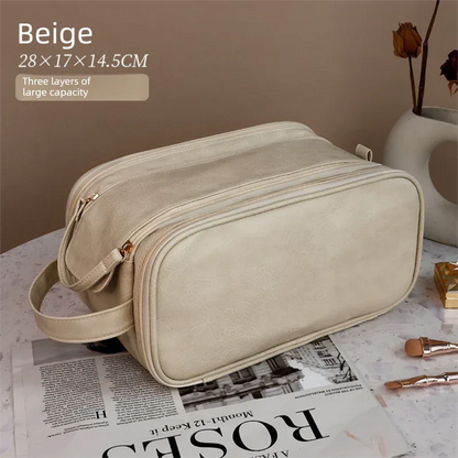 Luxury Cream Beige Large Capacity Makeup Bag – 3-Layer Double Zipper Travel Toiletry Organizer with Waterproof TPU Brush Holders - Mekamart Australia