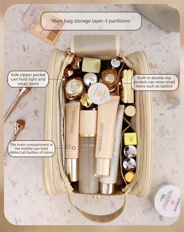 Luxury Cream Beige Large Capacity Makeup Bag – 3-Layer Double Zipper Travel Toiletry Organizer with Waterproof TPU Brush Holders - Mekamart Australia