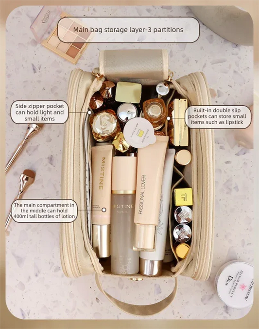 Luxury Cream Beige Large Capacity Makeup Bag – 3-Layer Double Zipper Travel Toiletry Organizer with Waterproof TPU Brush Holders - Mekamart Australia