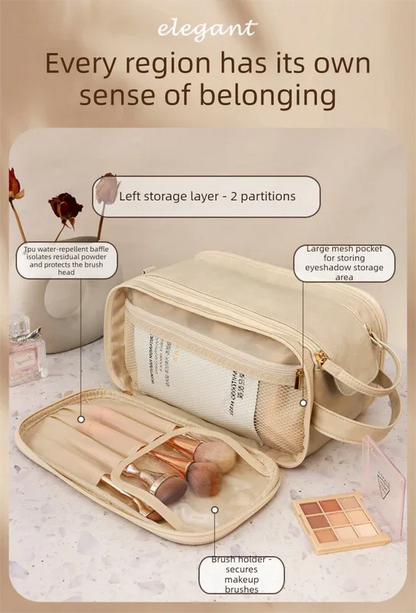 Luxury Cream Beige Large Capacity Makeup Bag – 3-Layer Double Zipper Travel Toiletry Organizer with Waterproof TPU Brush Holders - Mekamart Australia