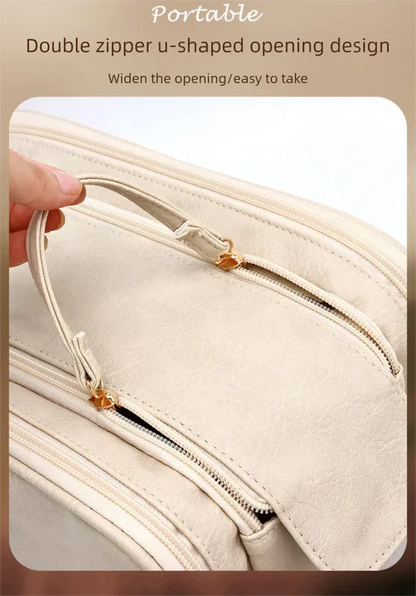 Luxury Cream Beige Large Capacity Makeup Bag – 3-Layer Double Zipper Travel Toiletry Organizer with Waterproof TPU Brush Holders - Mekamart Australia