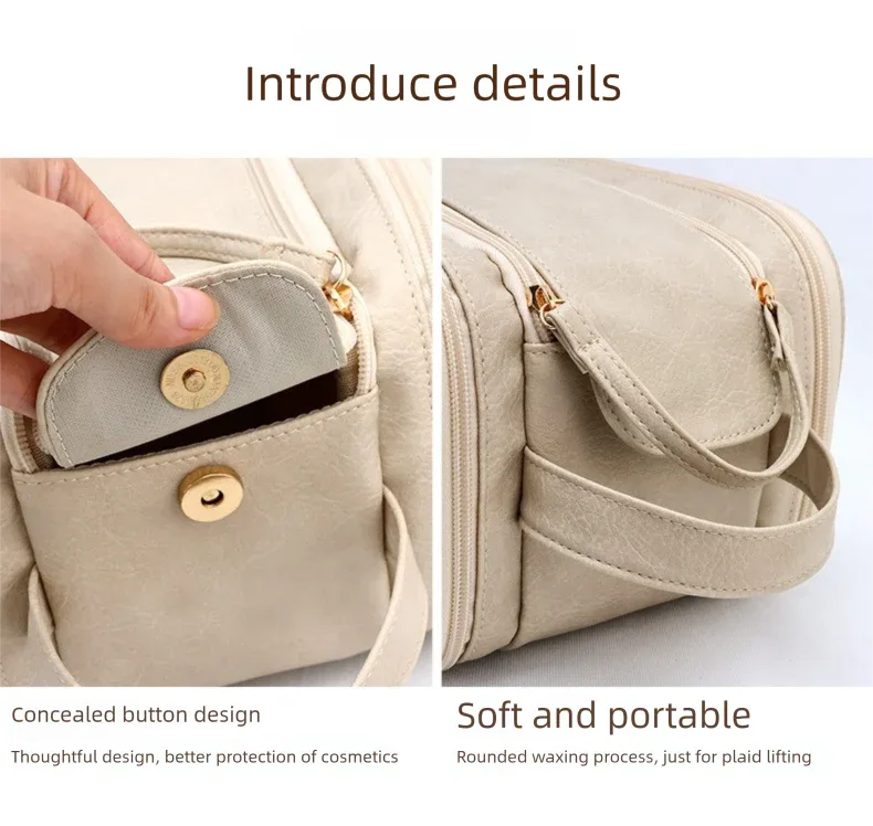 Luxury Cream Beige Large Capacity Makeup Bag – 3-Layer Double Zipper Travel Toiletry Organizer with Waterproof TPU Brush Holders - Mekamart Australia
