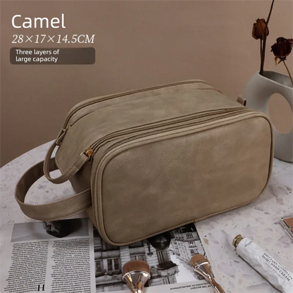 Luxury Camel Colour Large Capacity Makeup Bag – 3-Layer Double Zipper Travel Toiletry Organizer with Waterproof TPU Brush Holders - Mekamart Australia