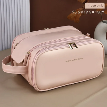 Large Pink PU Leather Makeup Bag Dual Zipper Cosmetic Travel Case Waterproof Toiletry Organiser with Brush Compartment - Mekamart Australia