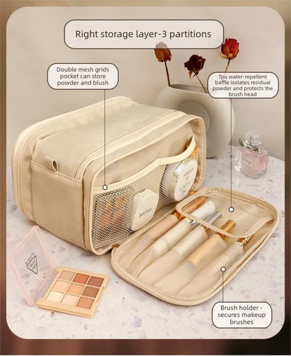 Large Pink PU Leather Makeup Bag Dual Zipper Cosmetic Travel Case Waterproof Toiletry Organiser with Brush Compartment - Mekamart Australia