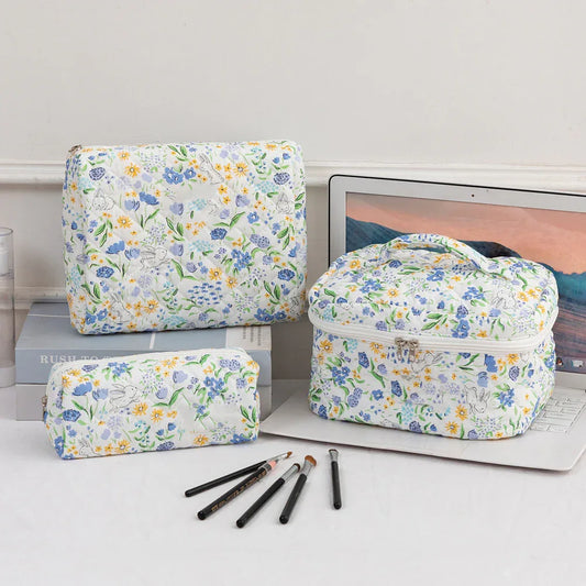 3SET Quilted Floral Makeup Bag Collection Cute Rabbit Pattern Cosmetic Pouch &Travel Toiletry Organizer & Pencil Case for School and Home - Mekamart Australia