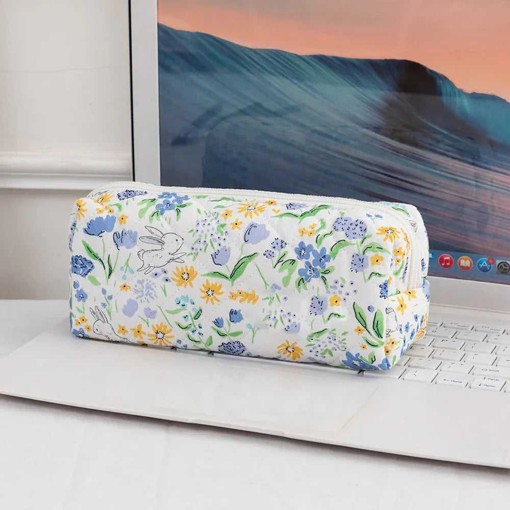3SET Quilted Floral Makeup Bag Collection Cute Rabbit Pattern Cosmetic Pouch &Travel Toiletry Organizer & Pencil Case for School and Home - Mekamart Australia