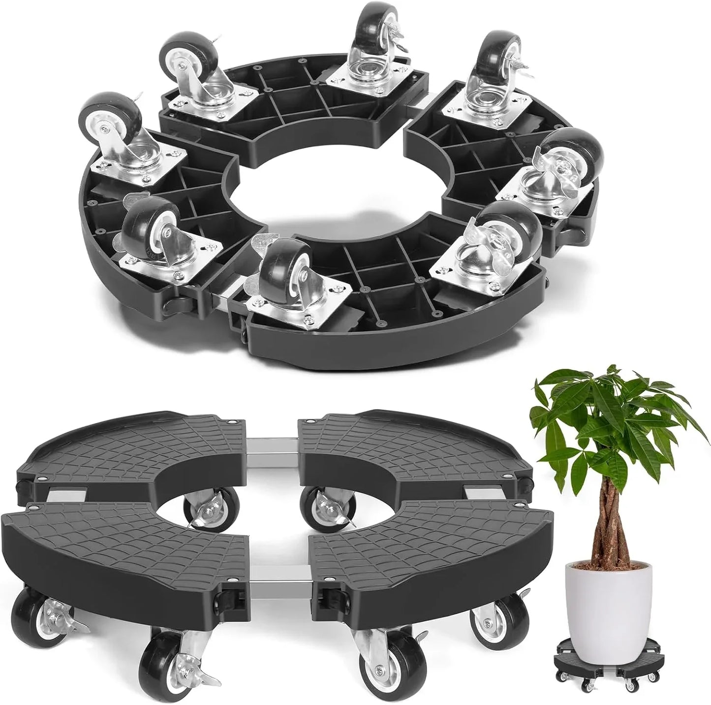 Black Round Adjustable Plant Pot Caddy Stand with Wheels Heavy Duty Rolling Gas Cylinder Tray Dolly for Indoor Outdoor Patio - Mekamart Australia