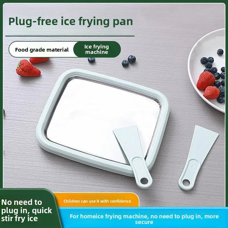 Green DIY Rolled Ice Cream Maker Pan Instant Frozen Yoghurt & Sorbet Tray 304 Stainless Steel No Electricity Required with Spatulas - Mekamart Australia