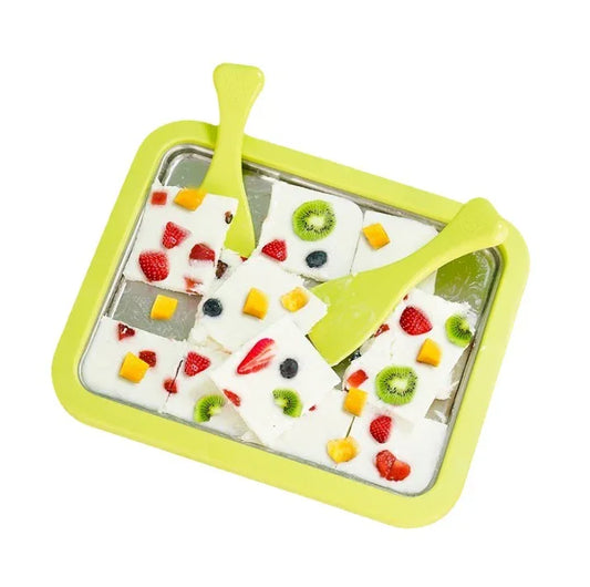 White DIY Rolled Ice Cream Maker Pan Instant Frozen Yoghurt & Sorbet Tray 304 Stainless Steel No Electricity Required with Spatulas - Mekamart Australia