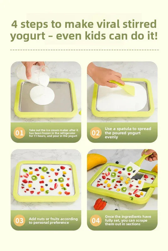 White DIY Rolled Ice Cream Maker Pan Instant Frozen Yoghurt & Sorbet Tray 304 Stainless Steel No Electricity Required with Spatulas - Mekamart Australia