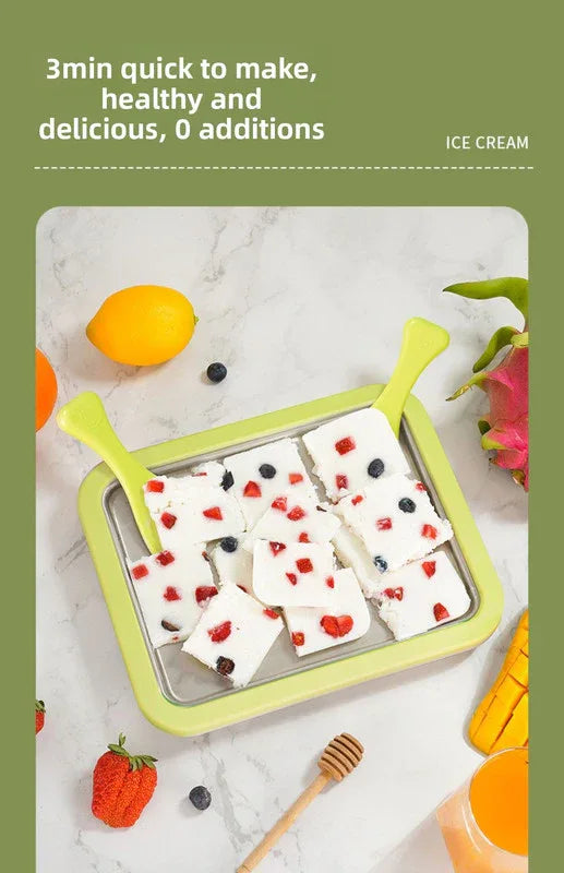 White DIY Rolled Ice Cream Maker Pan Instant Frozen Yoghurt & Sorbet Tray 304 Stainless Steel No Electricity Required with Spatulas - Mekamart Australia