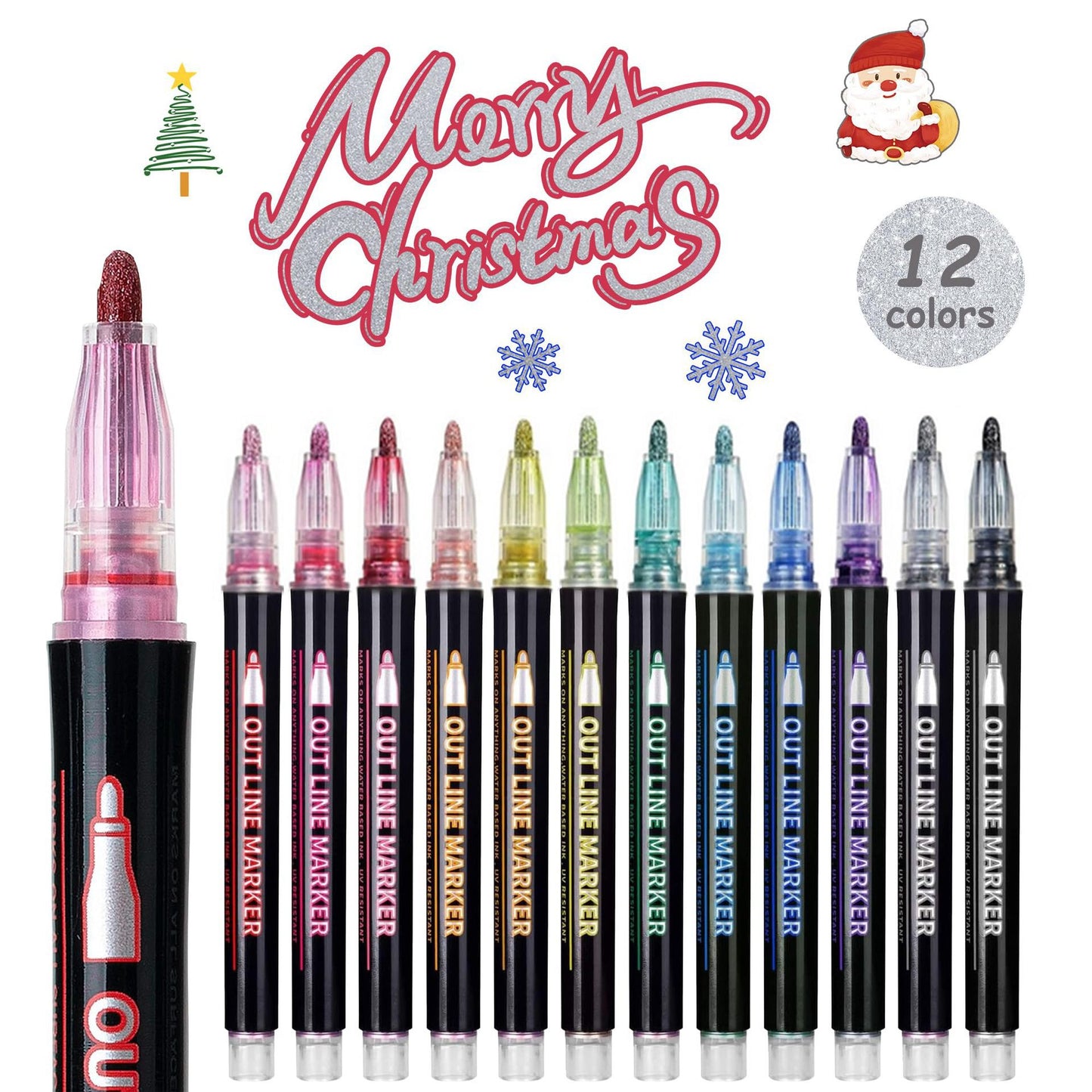 24 Piece Double Line Outline Pen Set Glitter Paint Markers 12 Colors Self-Outline Metallic Shimmer Pens for DIY Crafts Cards