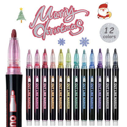 24 Piece Double Line Outline Pen Set Glitter Paint Markers 12 Colors Self-Outline Metallic Shimmer Pens for DIY Crafts Cards