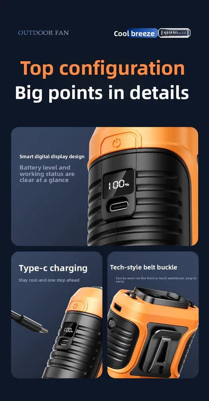 Waist Clip Fan 6000mAh Rechargeable Portable Personal Fan with Dual Outlet 13500RPM High Speed Airflow for Outdoor Work Orange - Mekamart Australia
