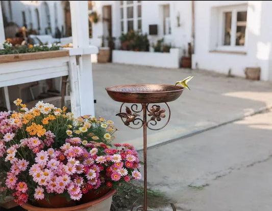 Antique Bronze Color Metal Bird Bath Stake Garden Feeder 79cm Copper Finish with Hummingbird Decor 5-Prong Base for Outdoor Lawns and Backyards - Mekamart Australia