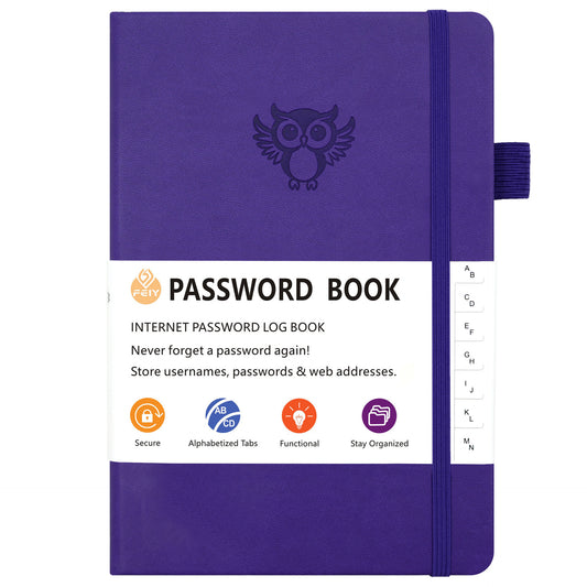 Deep purple Password Log Book with Alphabetical Tabs Internet Address Organizer Small PU Leather Notebook with Owl Design Pen Holder and Inner Pocket Ideal for Home and Office