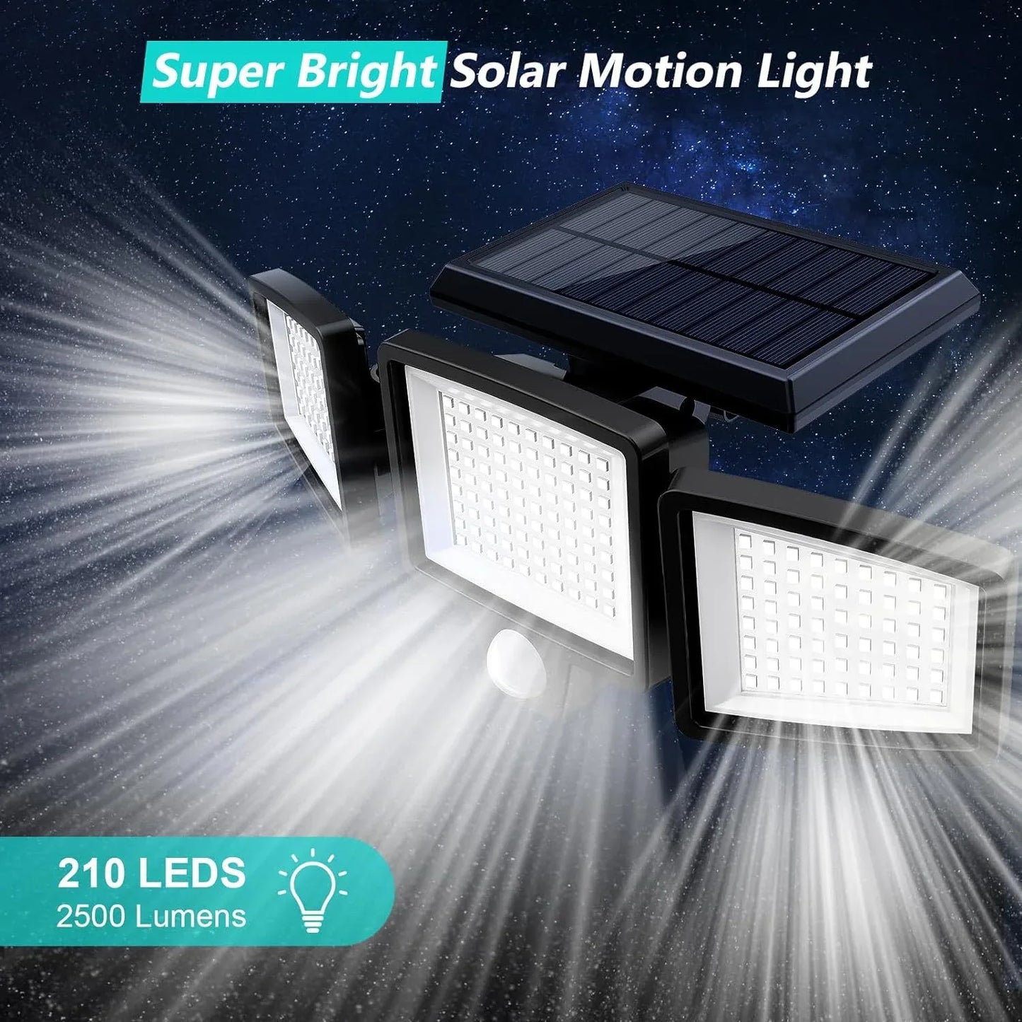 Solar Outdoor Security Lights Motion Sensor 210 LED - 3 Adjustable Heads Flood Light with Remote Control IP65 Waterproof for Garden Garage & Yard - Mekamart Australia