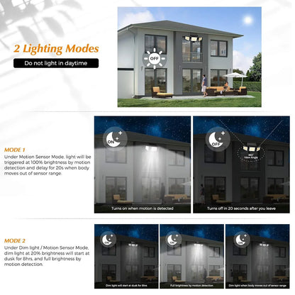 Solar Outdoor Security Lights Motion Sensor 210 LED - 3 Adjustable Heads Flood Light with Remote Control IP65 Waterproof for Garden Garage & Yard - Mekamart Australia