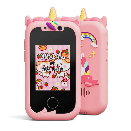 Kids Unicorn Smart Phone Toy with Dual Camera and IPS Touch Screen Educational Games MP3 Music Player 512MB Card Included Pink Silicone Case Ideal for Girls Gift - Mekamart Australia