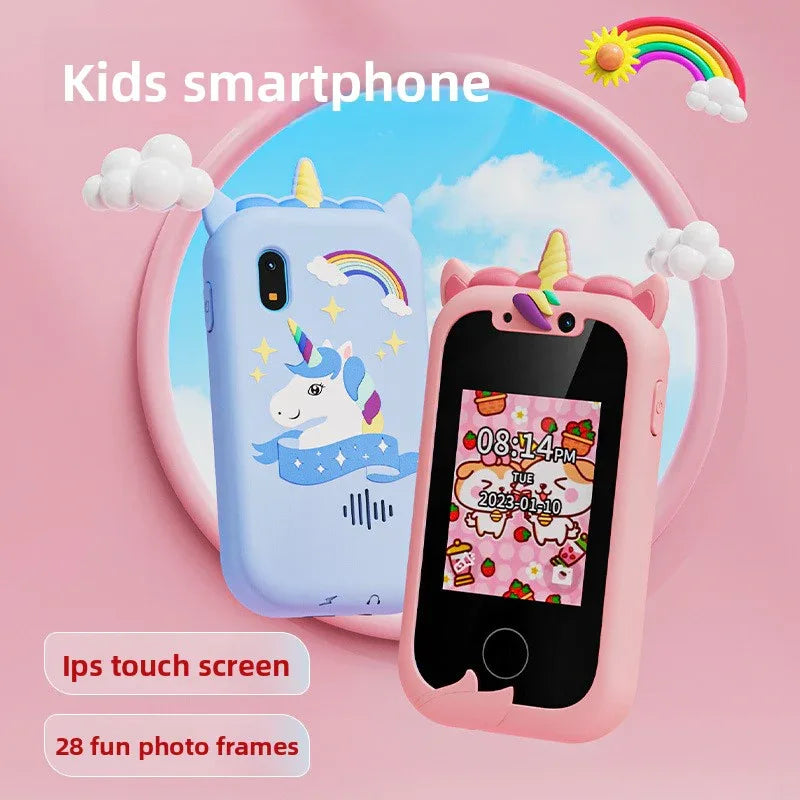 Kids Unicorn Smart Phone Toy with Dual Camera and IPS Touch Screen Educational Games MP3 Music Player 512MB Card Included Pink Silicone Case Ideal for Girls Gift - Mekamart Australia