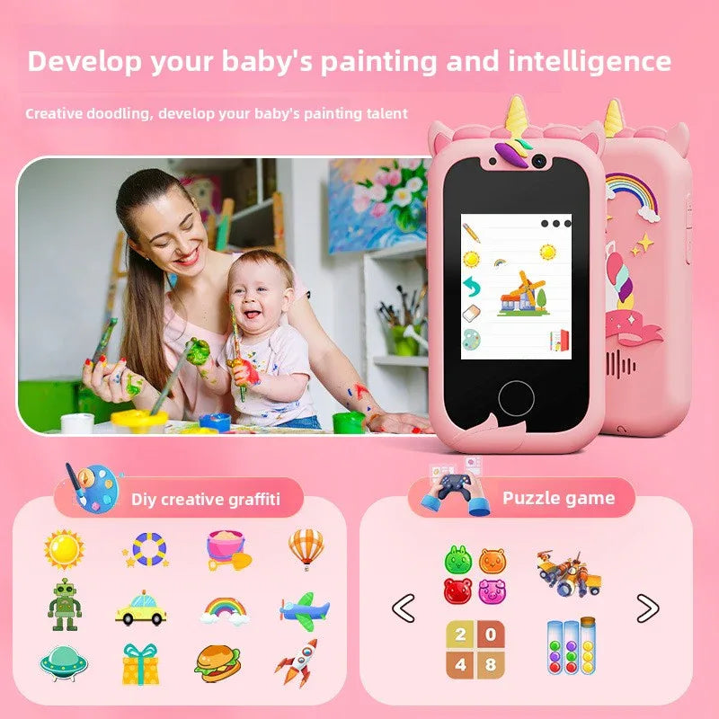 Kids Unicorn Smart Phone Toy with Dual Camera and IPS Touch Screen Educational Games MP3 Music Player 512MB Card Included Pink Silicone Case Ideal for Girls Gift - Mekamart Australia