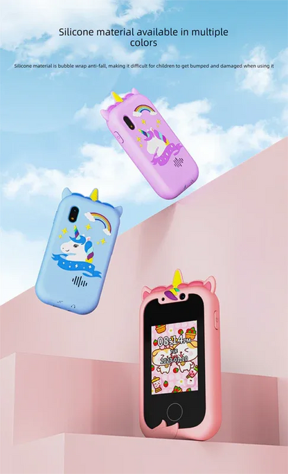 Kids Unicorn Smart Phone Toy with Dual Camera and IPS Touch Screen Educational Games MP3 Music Player 512MB Card Included Blue Silicone Case Ideal for Girls Gift - Mekamart Australia