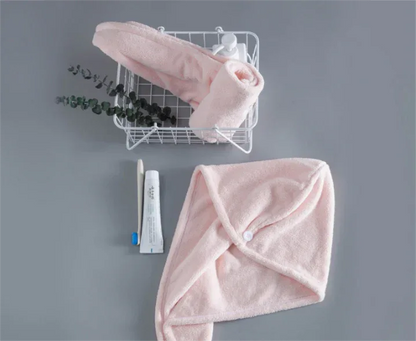 Soft Microfibre Hair Drying Towel Wrap - Super Absorbent Coral Fleece Turban with Secure Button - Quick Dry Bath Head Cap for Wet Hair & Spa - Pale Pink - Mekamart Australia
