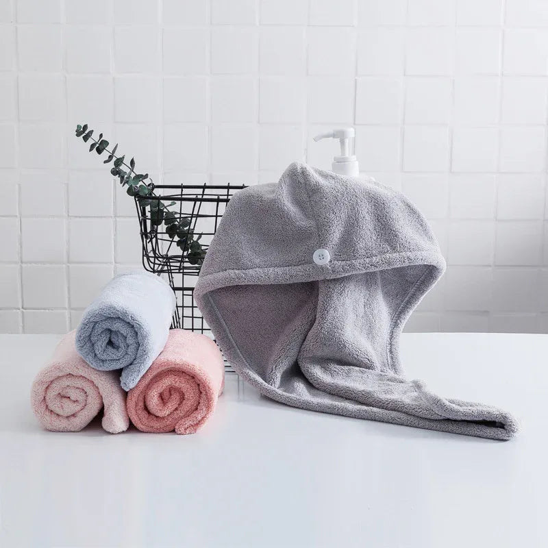 Soft Microfibre Hair Drying Towel Wrap - Super Absorbent Coral Fleece Turban with Secure Button - Quick Dry Bath Head Cap for Wet Hair & Spa - Pale Pink - Mekamart Australia