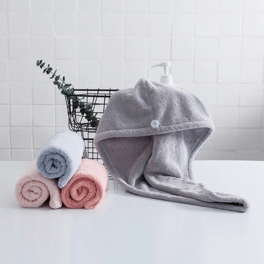Soft Microfibre Hair Drying Towel Wrap - Super Absorbent Coral Fleece Turban with Secure Button - Quick Dry Bath Head Cap for Wet Hair & Spa - Light gray - Mekamart Australia