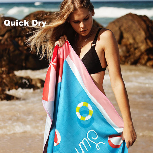 Sand Free Microfibre Beach Towel - "Hello Summer" Pool Print Quick Dry Travel Towel 70x150cm(240GSM) - Lightweight Absorbent for Beach, Swimming & Camping