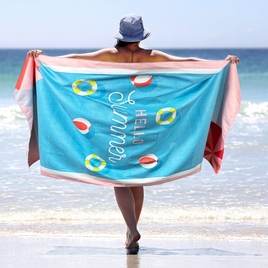 Sand Free Microfibre Beach Towel - "Hello Summer" Pool Print Quick Dry Travel Towel 80x160cm - Lightweight Absorbent for Beach, Swimming & Camping